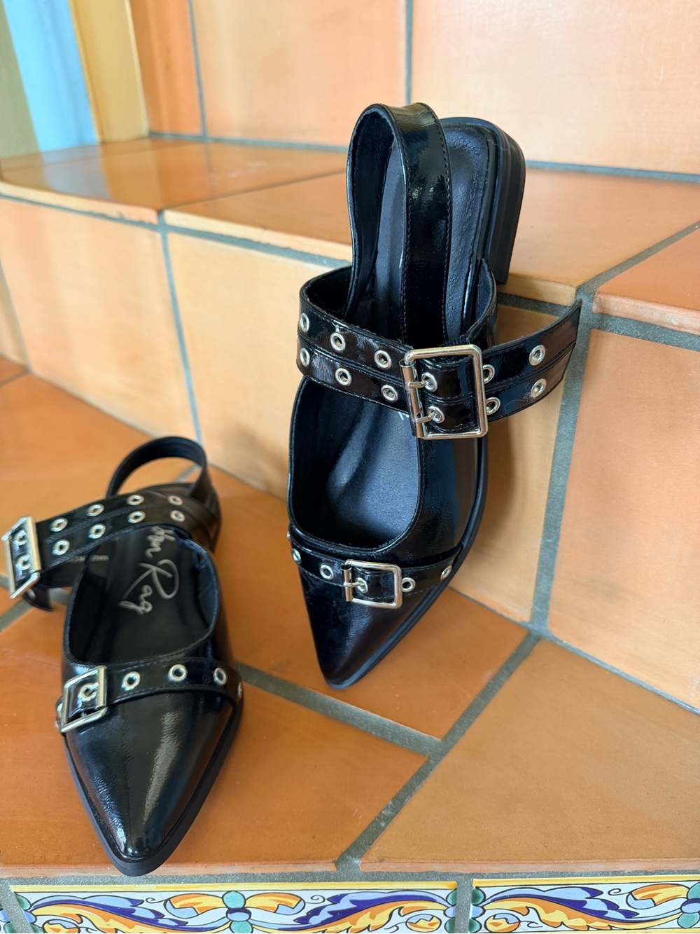 Patent Black Pointed Slingback Flats with Buckle Straps